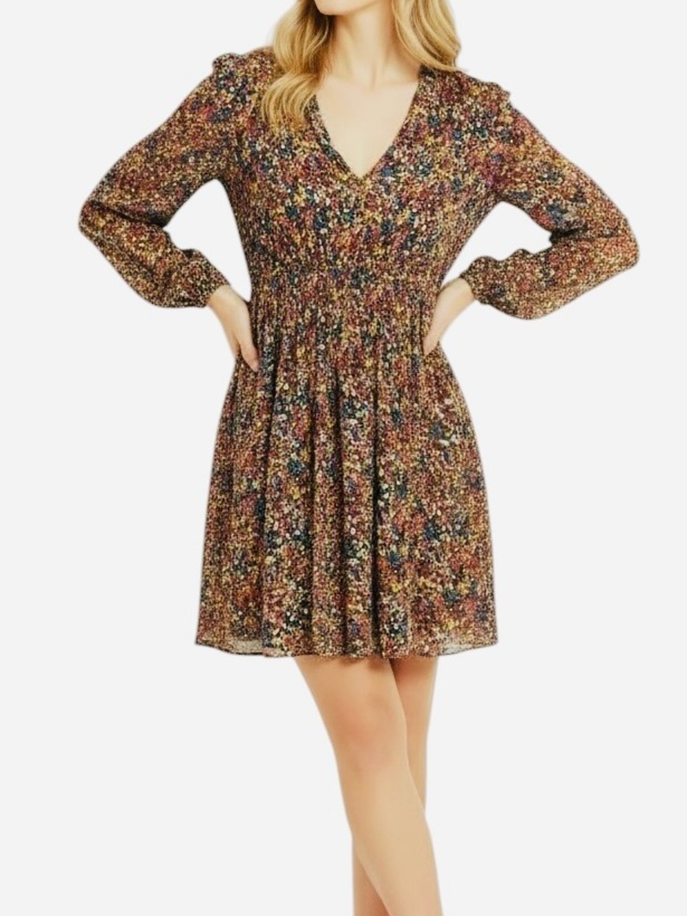 Boden V-Neck Plissé Mini Dress in Gardenia Petal Floral Size 14 Cottagecore